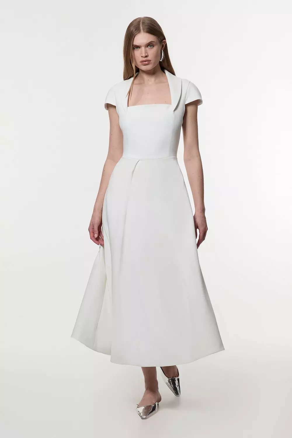 Ivory Petite Compact Stretch Square Neck Tailored Full Skirted Midaxi Dress alternative image