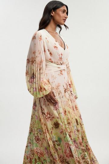 Petite Scattered Floral Balloon Sleeve Pleated Crinkle Cut Out Woven Maxi Dress ivory