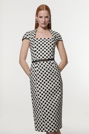 Spot Jacquard Square Neck Tailored Pencil Midi Dress mono