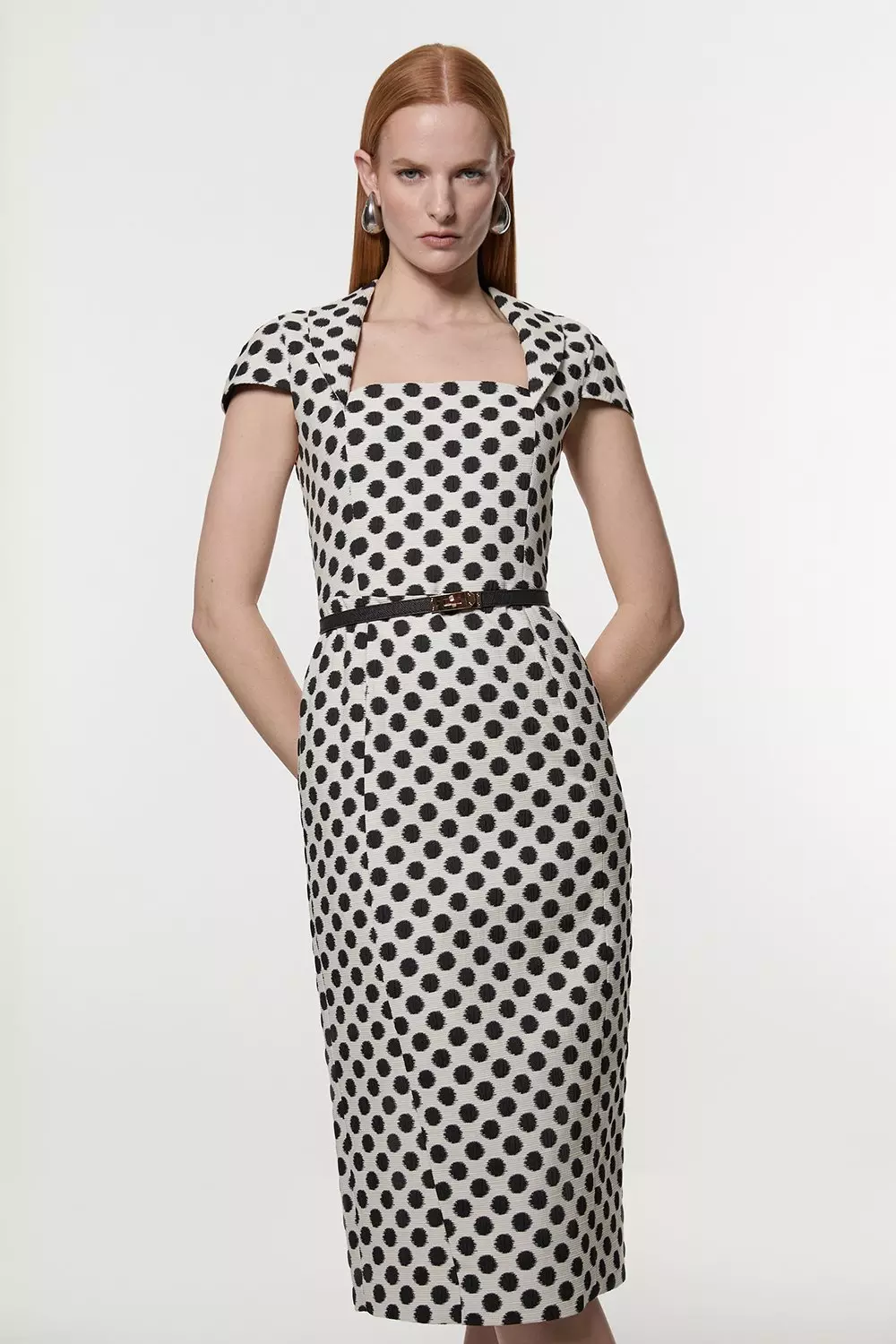 Karen Millen☆Diamante Trim Jacquard Midi Dress【UK発】 KAREN MILLEN Diamante Trim Metallic Jacquard Midi Dress in