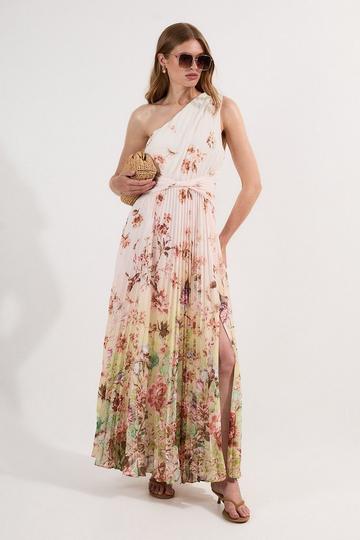 Floral Pleated Crinkle Cut Out Woven Maxi Dress ivory