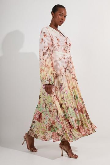 Plus Size Scattered Floral Balloon Sleeve Pleated Crinkle Cut Out Woven Maxi Dress ivory