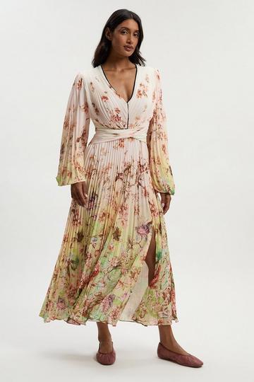 Scattered Floral Balloon Sleeve Pleated Crinkle Cut Out Woven Maxi Dress ivory