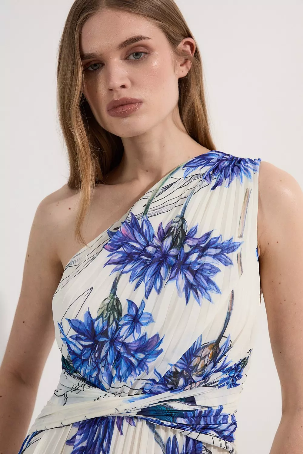 Floral Pleated Crinkle One Shoulder Cut Out Woven Maxi Dress
