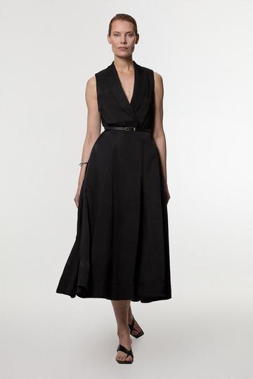 Black Premium Viscose Linen Tailored Full Skirt Midi Dress