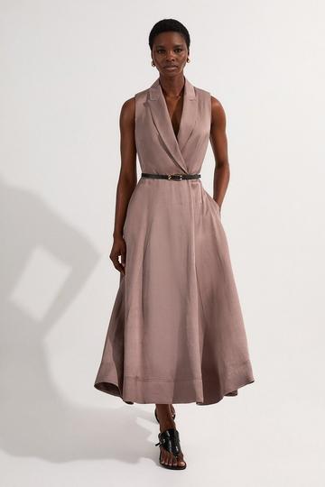 Premium Viscose Linen Tailored Full Skirt Midi Dress taupe