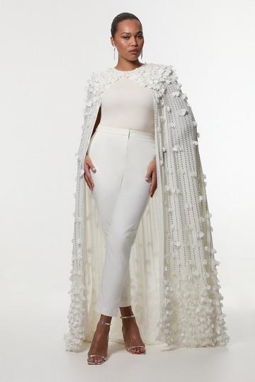 Plus Size Floral Applique Crystal Embellished Woven Maxi Cape ivory