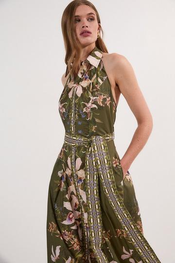 Cotton Sateen Floral Woven Halter Neck Waist Maxi Dress khaki