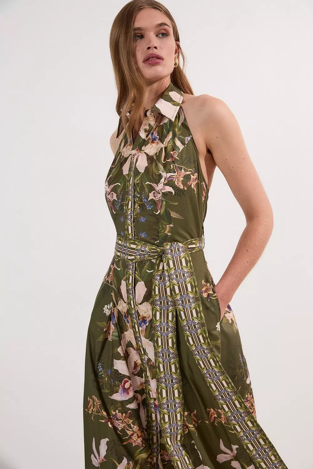 関税送料込★SALE★完売間近★KarenMillen★LaceWaist ドレス Cotton Sateen Floral Woven Halter Neck Waist Maxi Dress