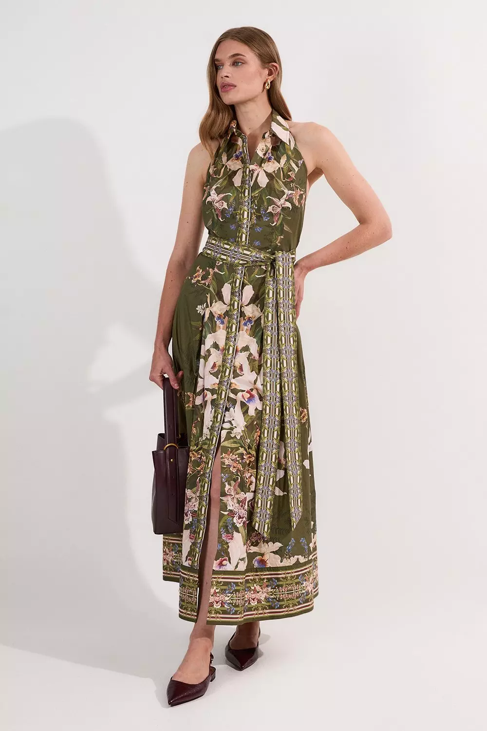 Cotton Sateen Floral Woven Halter Neck Waist Maxi Dress