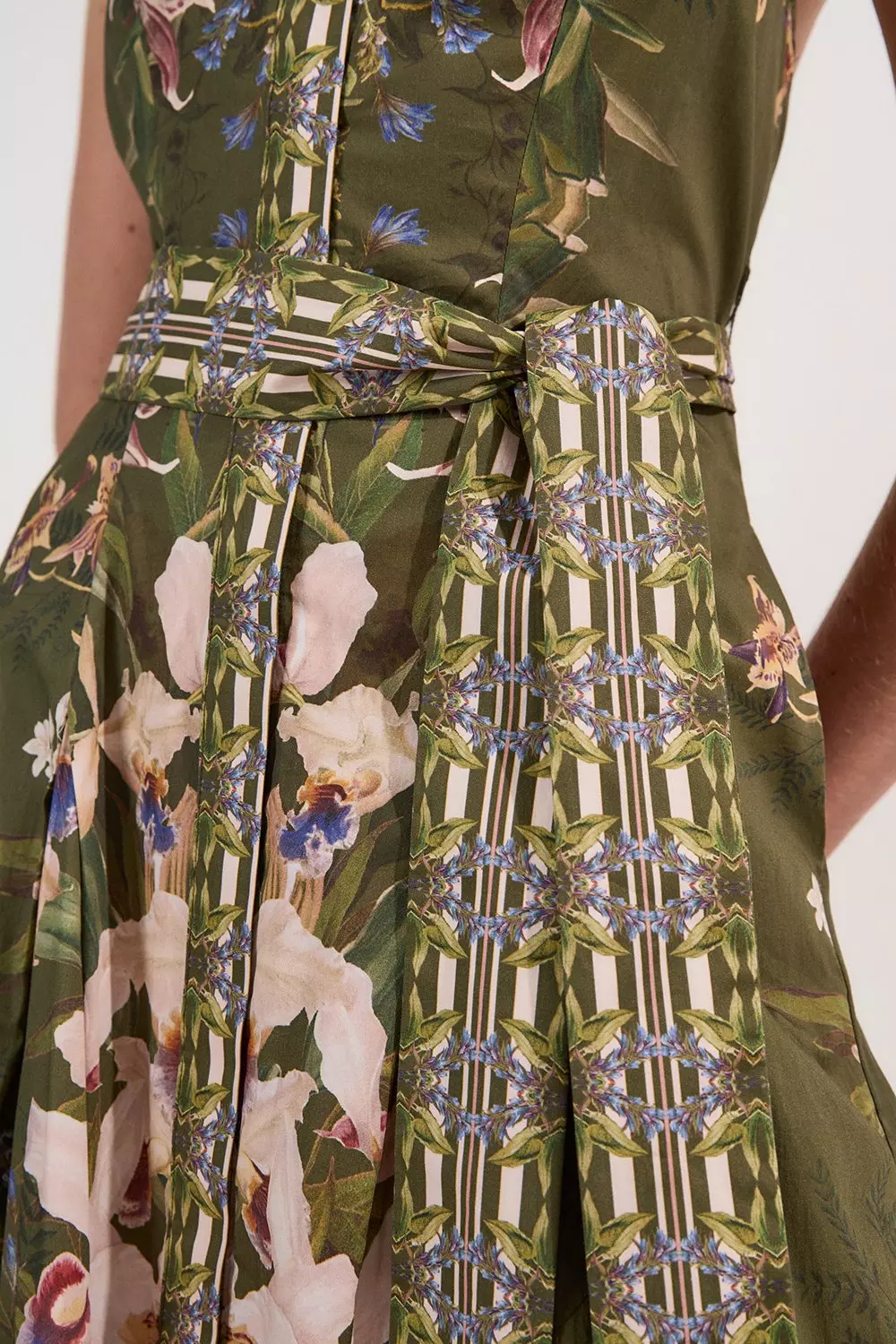 Cotton Sateen Floral Woven Halter Neck Waist Maxi Dress
