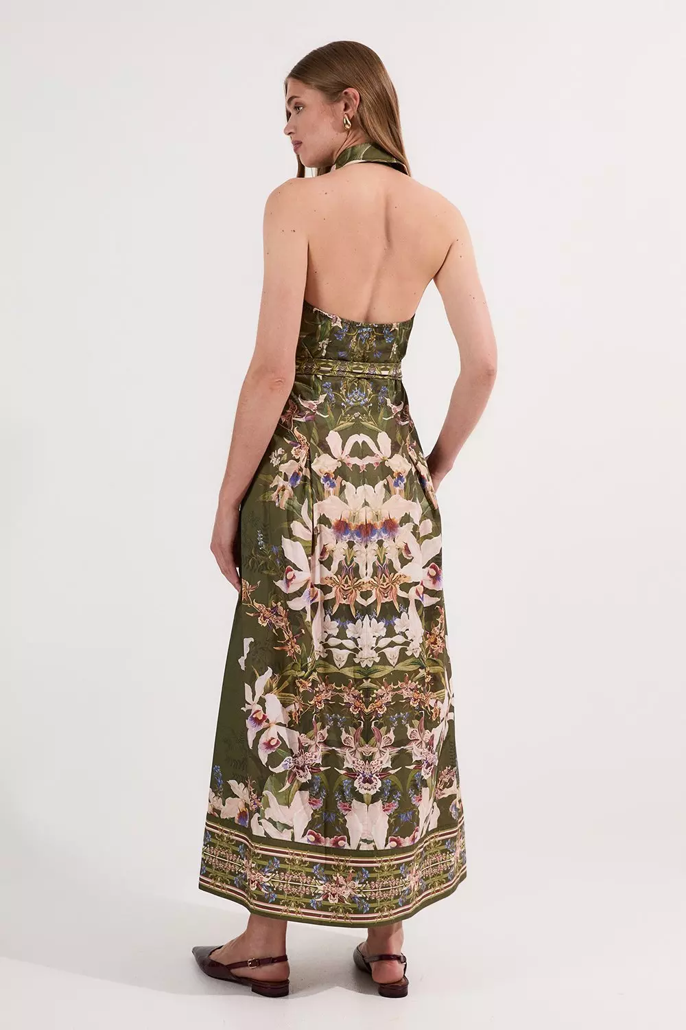 Cotton Sateen Floral Woven Halter Neck Waist Maxi Dress