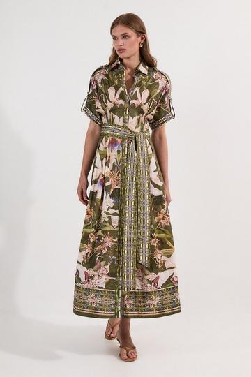 Cotton Sateen Floral Woven Belted Maxi Shirt Dress khaki