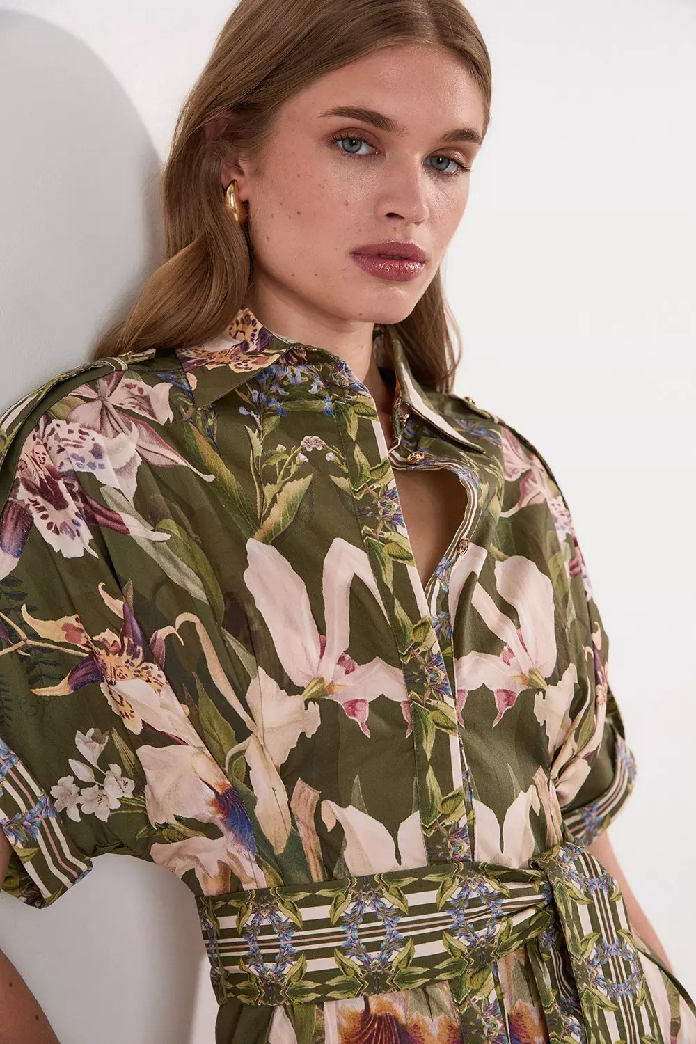Cotton Sateen Floral Woven Belted Maxi Shirt Dress | Karen