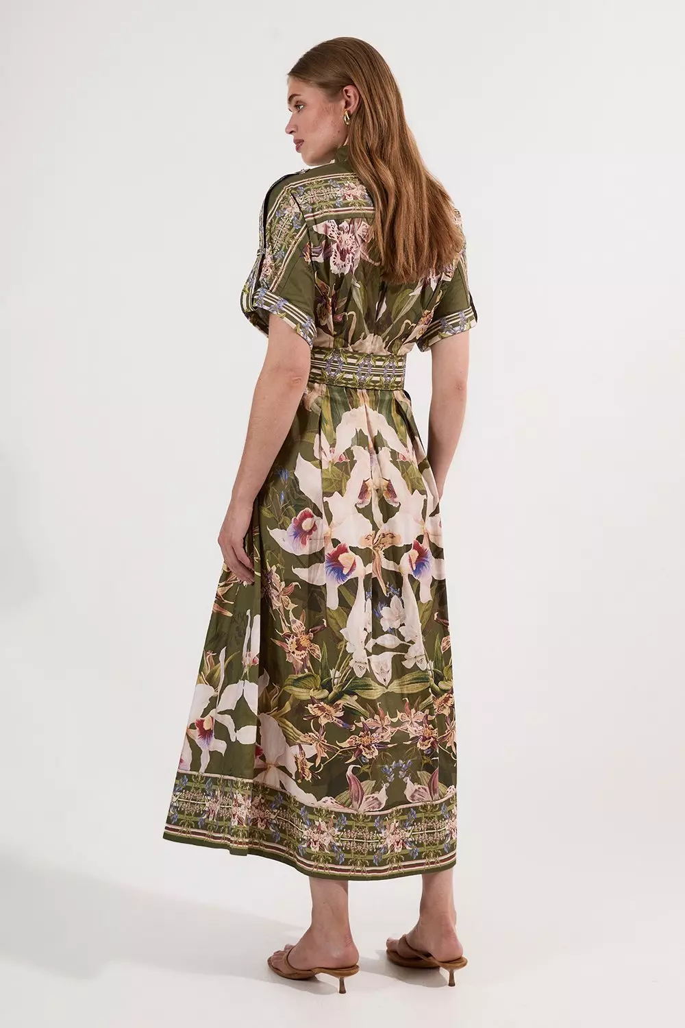 Cotton Sateen Floral Woven Belted Maxi Shirt Dress | Karen