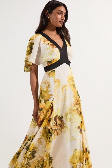 Tall Pleated Floral Godet Pannell Woven Midi Dress yellow