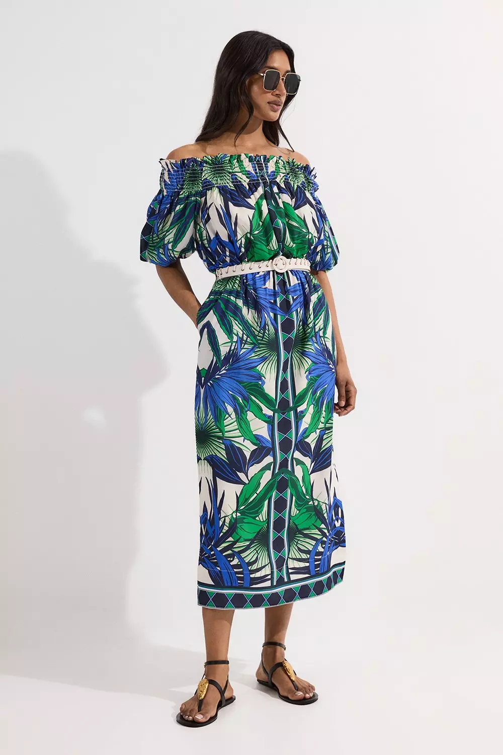 Voile Mirrored Floral Woven Bardot Midi Dress | Karen Millen