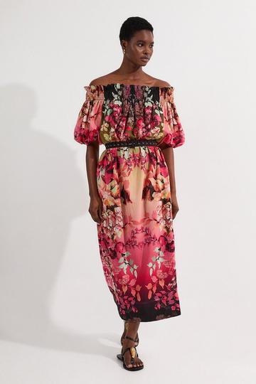Multi Voile Mirrored Floral Woven Off The Shoulder Midi Dress