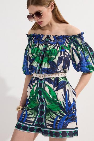 Voile Mirrored Floral Woven Bardot Playsuit blue
