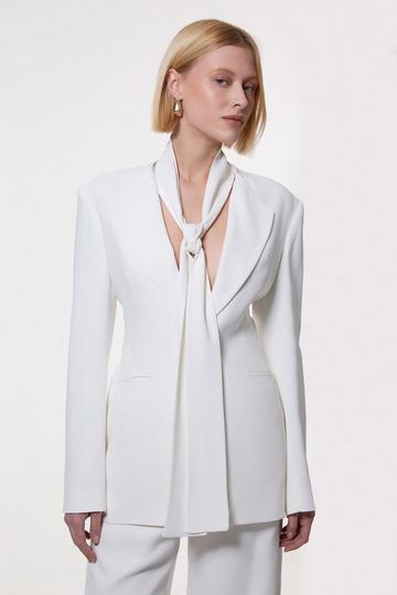 Compact Stretch Viscose Tie Neck Tailored Blazer ivory