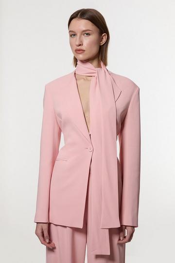 Compact Stretch Viscose Tie Neck Tailored Blazer pink