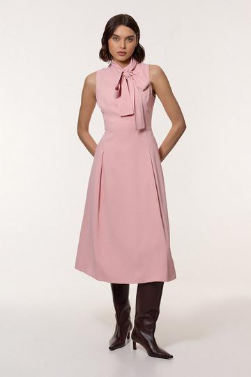 Pink Compact Stretch Viscose Tie Neck Tailored Full Skirted Midi Dress