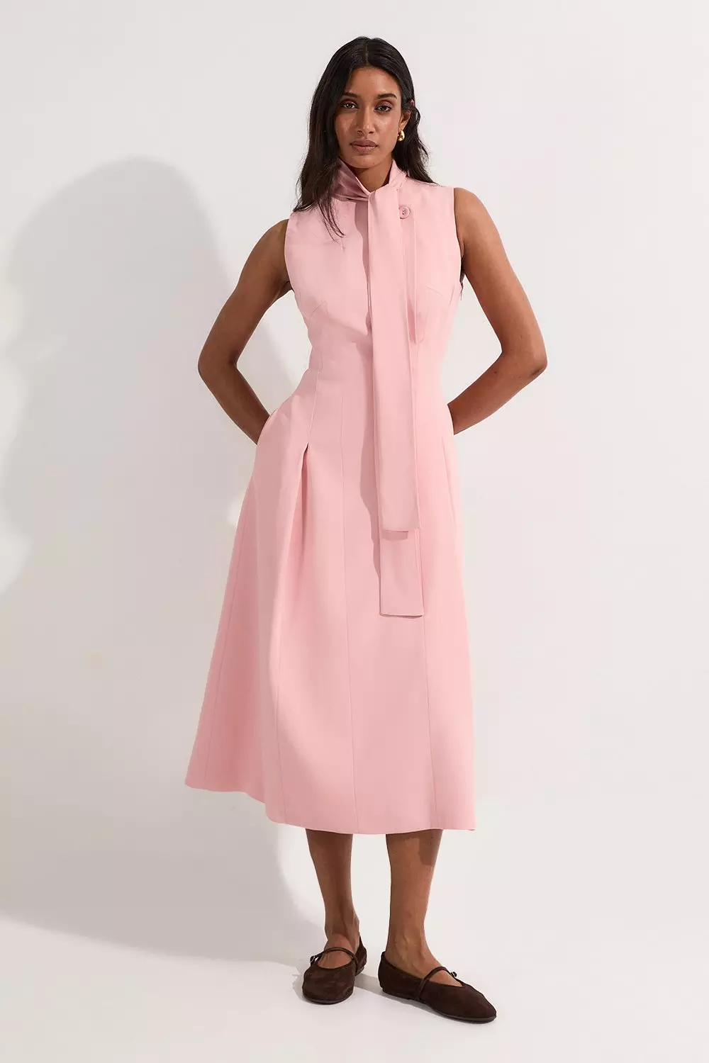 Ivory Compact Stretch Viscose Tie Neck Tailored Full Skirted Midi Dress alternative image