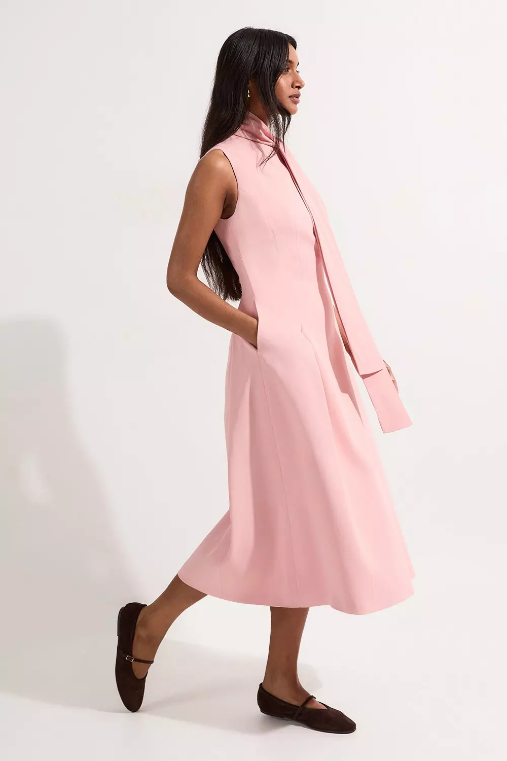 Ivory Compact Stretch Viscose Tie Neck Tailored Full Skirted Midi Dress alternative image
