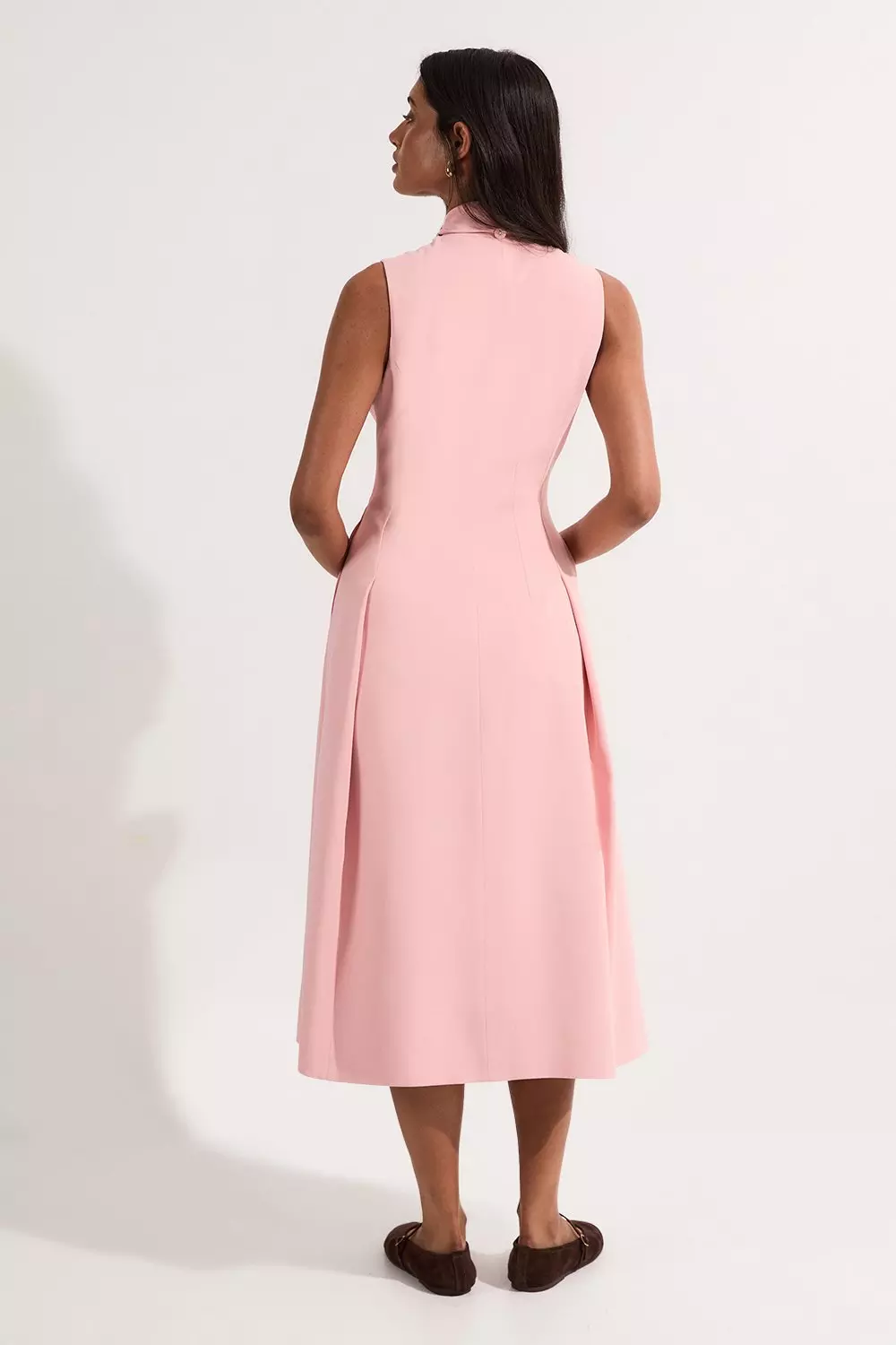 Ivory Compact Stretch Viscose Tie Neck Tailored Full Skirted Midi Dress alternative image
