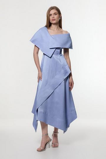 Premium Viscose Linen Tailored Asymmetric Shoulder Full Midi Dress blue