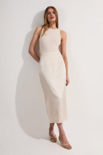 Premium Viscose Linen Tailored Column Midi Skirt ivory