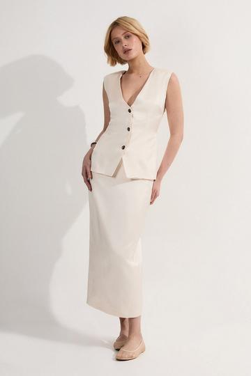 Premium Viscose Linen Tailored Ruffle Pencil Midi Dress ivory