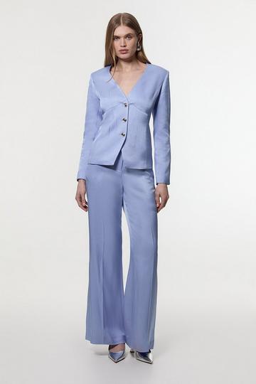 Blue Premium Viscose Linen Tailored Wide Leg Trouser