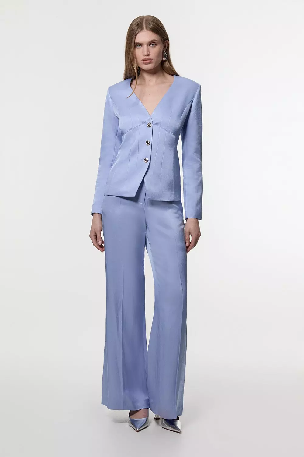Blue Premium Viscose Linen Tailored Wide Leg Pants alternative image