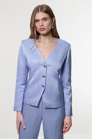 Premium Viscose Linen Tailored Darted Single Breasted Jacket blue