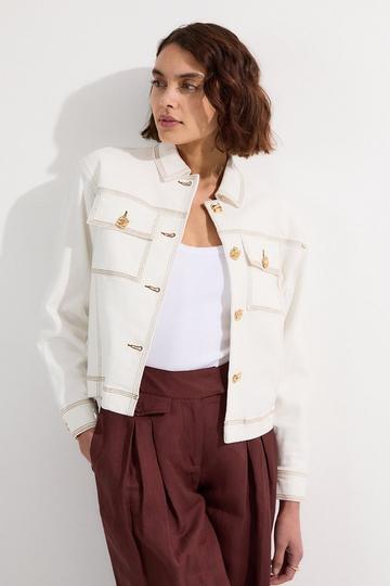 Denim Button Front Tailored Jacket ivory