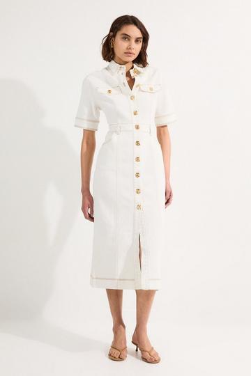 Denim Button Front Short Sleeve Pencil Midi Dress ivory