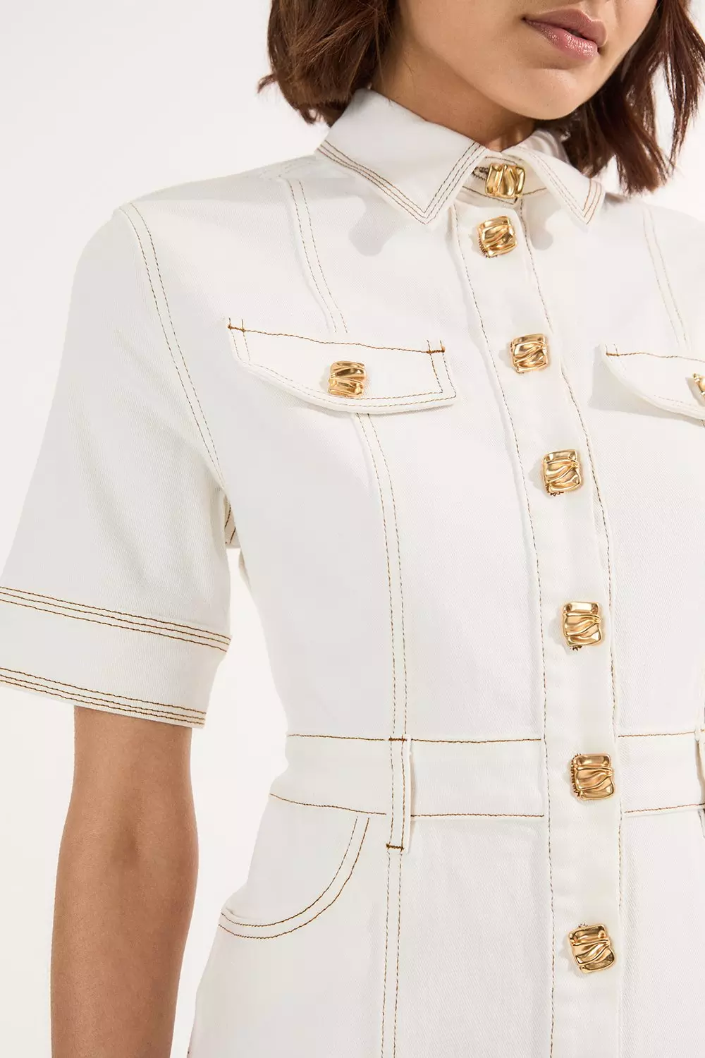 ★Karen Millen★デニムボタンフロント半袖ペンシルミディドレス Denim Button Front Short Sleeve Pencil Midi Dress | Karen Millen