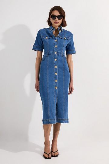 Denim Button Front Short Sleeve Pencil Midi Dress mid blue