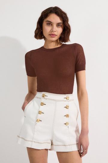 Denim Button Front Tailored Shorts ivory