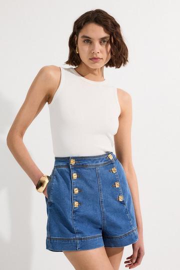 Denim Button Front Tailored Shorts mid blue
