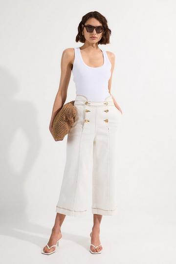 Denim Button Front Culottes Trousers ivory