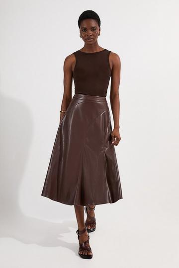 Faux Leather Full Midi Skirt chocolate
