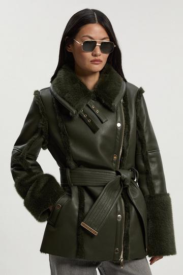Faux Fur High Neck Belted Biker Coat olive