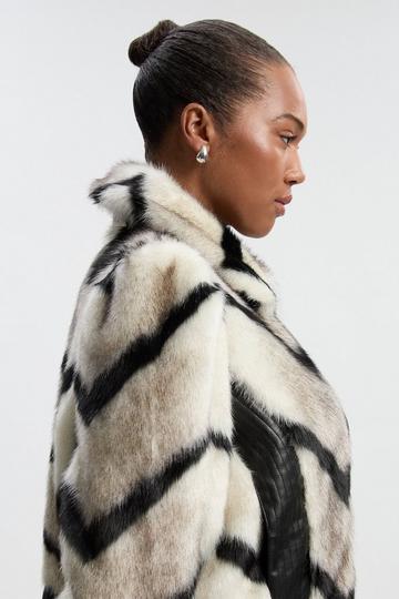 Plus Size Faux Fur Pu Panelled Stripe Belted Cropped Jacket mono