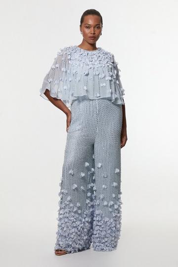 Plus Size Crystal Applique Angel Sleeve Woven Jumpsuit blue
