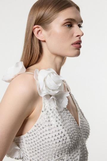 Crystal Applique Strappy Rosette Woven Maxi Dress ivory