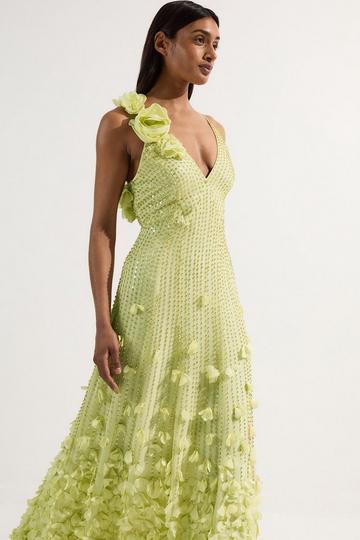 Crystal Applique Strappy Rosette Woven Maxi Dress lime