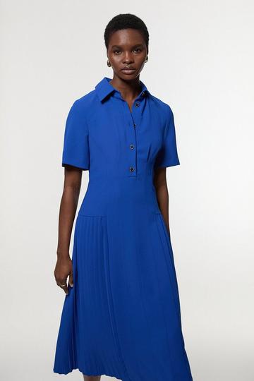 Tailored Crepe Pleated Panelled Shirt Dress cobalt