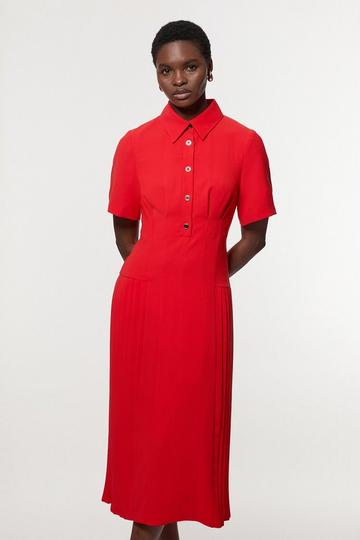 Red Tailored Crepe Pleated Panelled Shirt Dress